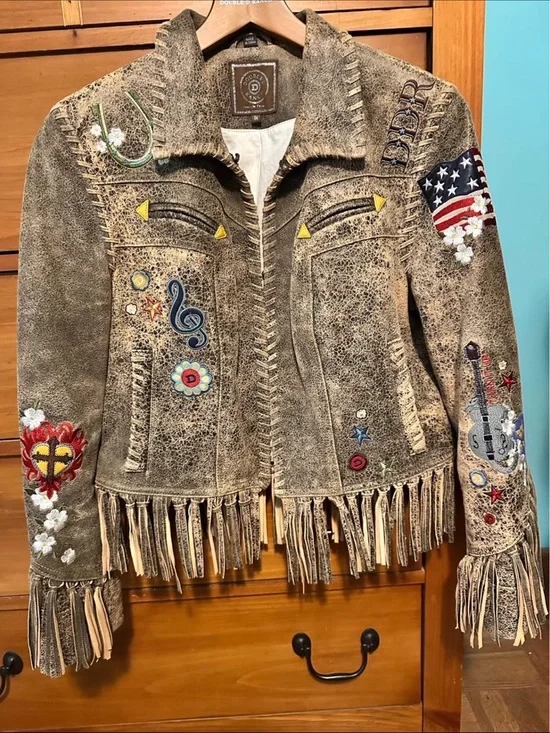Rare Double D Ranch leather fringe jacket embroidered statue of Liberty eagle M - Picture 2 of 16
